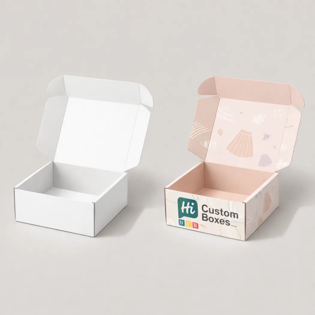 Open cardboard mailer boxes- one plain white and one featuring a pink interior with a skirt-themed pattern-
